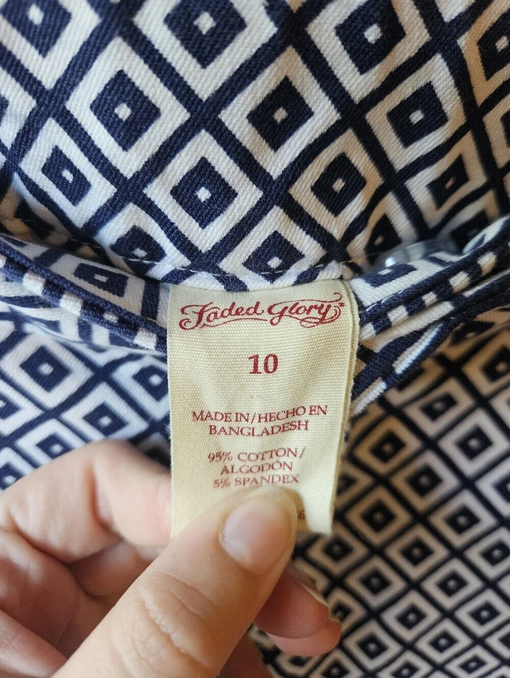 Faded Glory Navy Blue & White Diamond Print Pants Size 10
